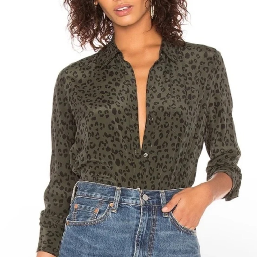 Rails 100% Silk Buttoned Down Shirt Kate Blouse In Olive Cheetah Print